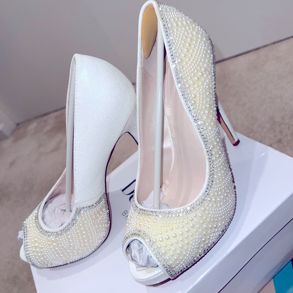 Embellished Pearl & Rhinestone Peep‑Toe Heels – New / Never Worn